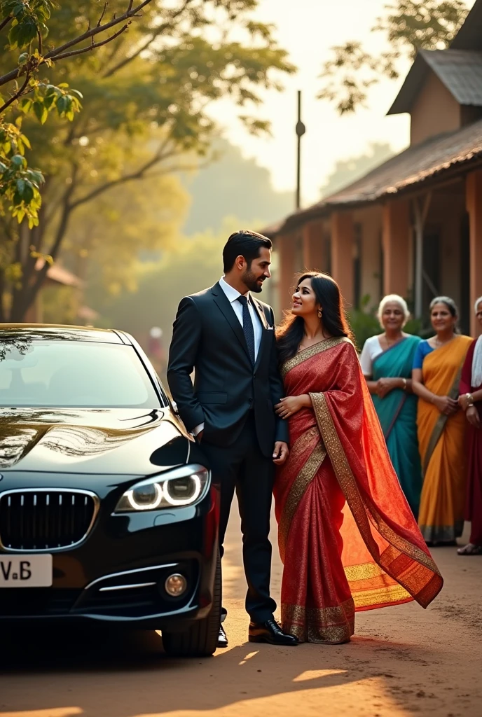 Black bmw gt car village background with Indian wife and smart businessman with mother and father