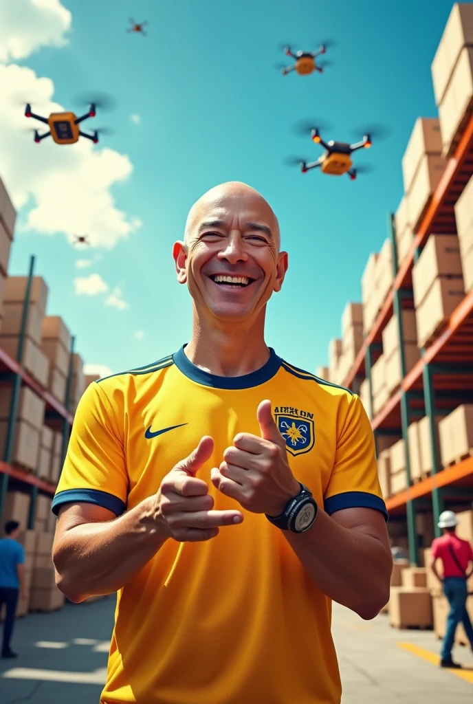 Make Jeff Bezos the owner of Amazon wearing a Colombia jersey with the word 'retail masters' in 3D on the jersey.