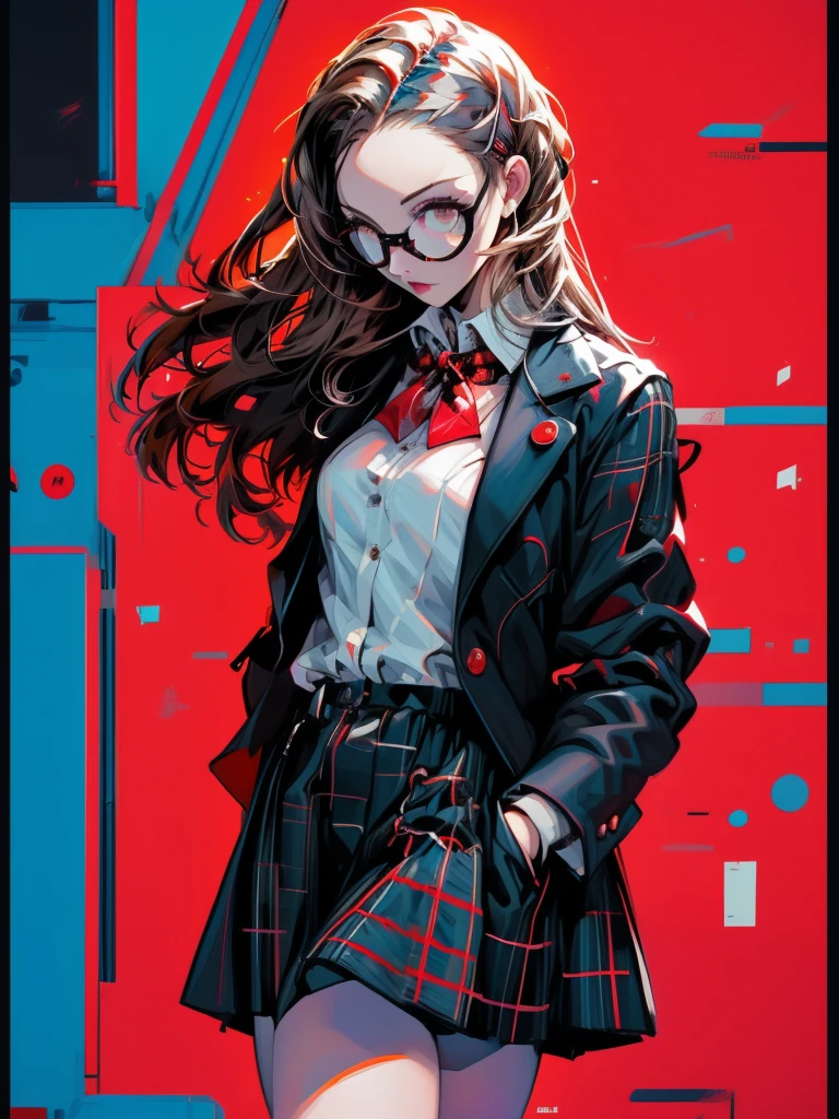 in the art style of persona5, (masterpiece:1.2, highest quality), (Realistic, photoRealistic:1.4), Beautiful illustrations, (Natural Side Lighting, Cinema Lighting), Written boundary depth, Beautiful thighs staring at the viewer, 1 female, 30-year-old, alone, thin, slender, (small breasts), long Hair, straight Hair, Forehead, Forehead, Forehead, Forehead, thin, slender, glasses, White blouse with formal collar, Blue Blazer, Red Check Skirt, Red checkered ribbon on blouse, Are standing, (((glasses))), ((Close-up)), ((Close-up)), ((Close-up))