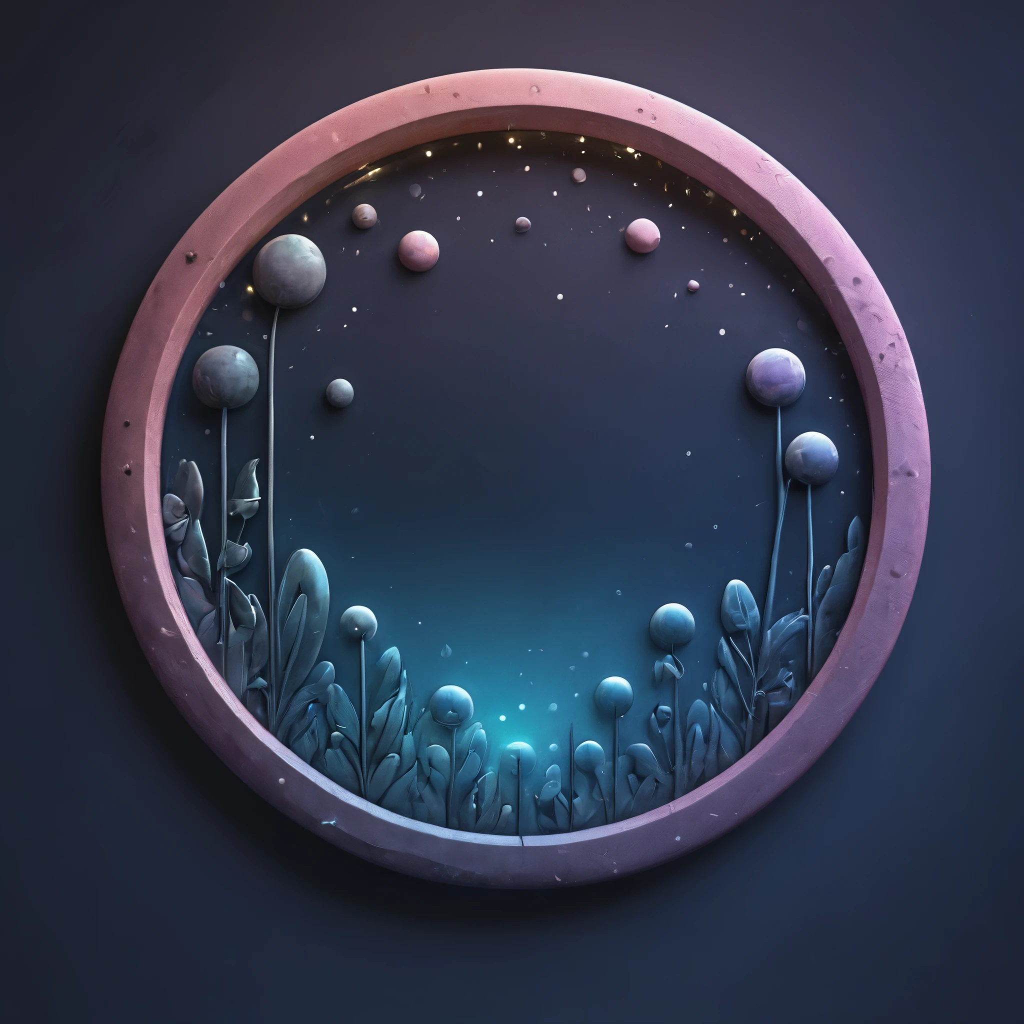 Heart-shaped fireworks.
Star-shaped lights sprinkled across the scene.
Moon floating in the summer night.
Large, stylish circular icon frame placed in the night sky.