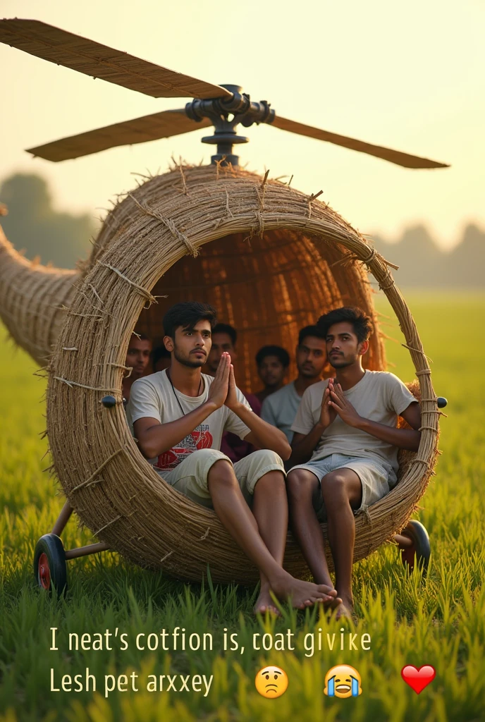 This image shows a group of people sitting inside a helicopter made entirely out of bamboo and straw, placed in a rural setting with green fields in the background. There are two young men superimposed in front of the helicopter, one in a prayer-like pose and the other sitting casually. The text in Hindi at the bottom reads: "It took 2 months to make this, but it will take you just a second to like it." The text also includes a heart emoji and three crying emojis.