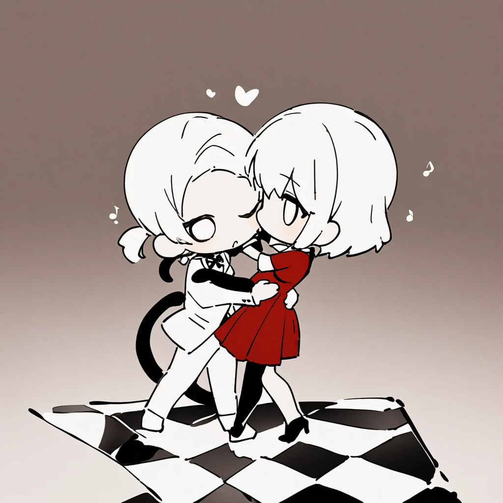 Chibi Character、Music box-style floor、(A black cat wearing a white tuxedo)、(A white cat in a red dress)、(Dancing Tango)、Sepia background、Masterpiece、Medium Shot
