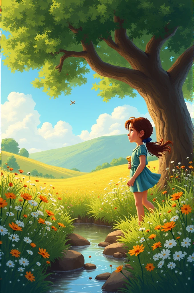 Character Introduction: Describe Mia's life in the peaceful village. What does she enjoy doing with her friends? How does she feel when she discovers the golden coin?