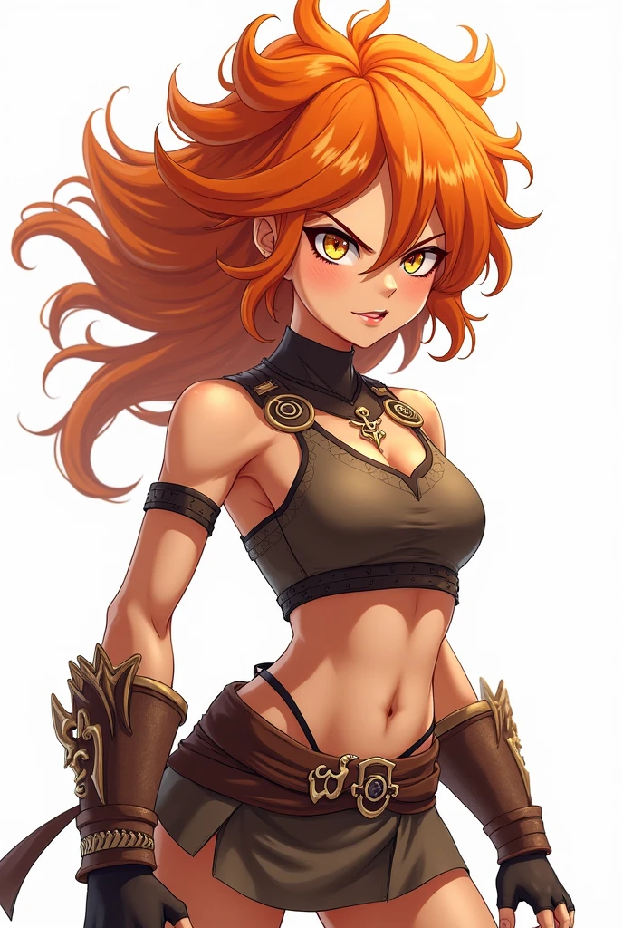 Angry white-skinned woman with messy orange hair on a white background, anime style