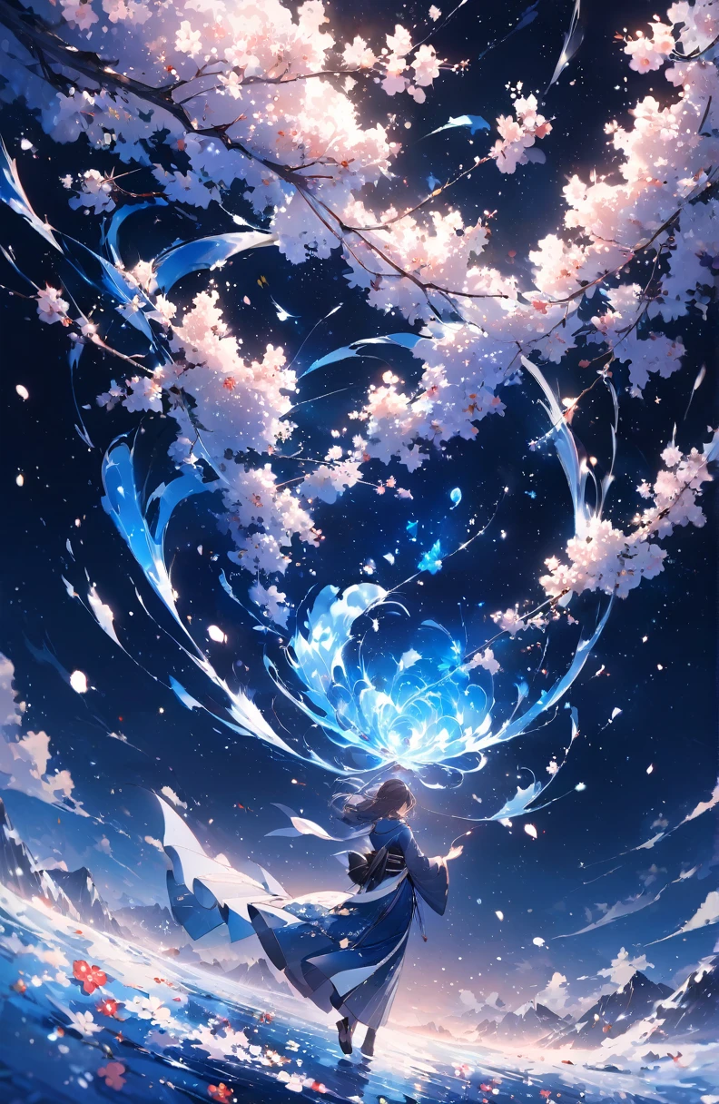 ((Ridiculous)),超high resolution, Attention to detail, high quality, high resolution, 最high quality, 4K, Plum blossoms in full bloom，Flying flowers and falling snow intertwined、Deep blue world、comprehensive, Deep blue toned artwork，Normal hand，Normal five fingers