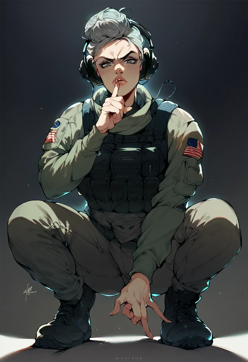 low angle pov, cowgirl position, full body, shushing gesture, finger on mouth, asian older woman Special Ops in black tactical stealth suit, slight wrinkles. headphones, serious expression, one messy bun with grey hair, grey eyes, empty dark background
