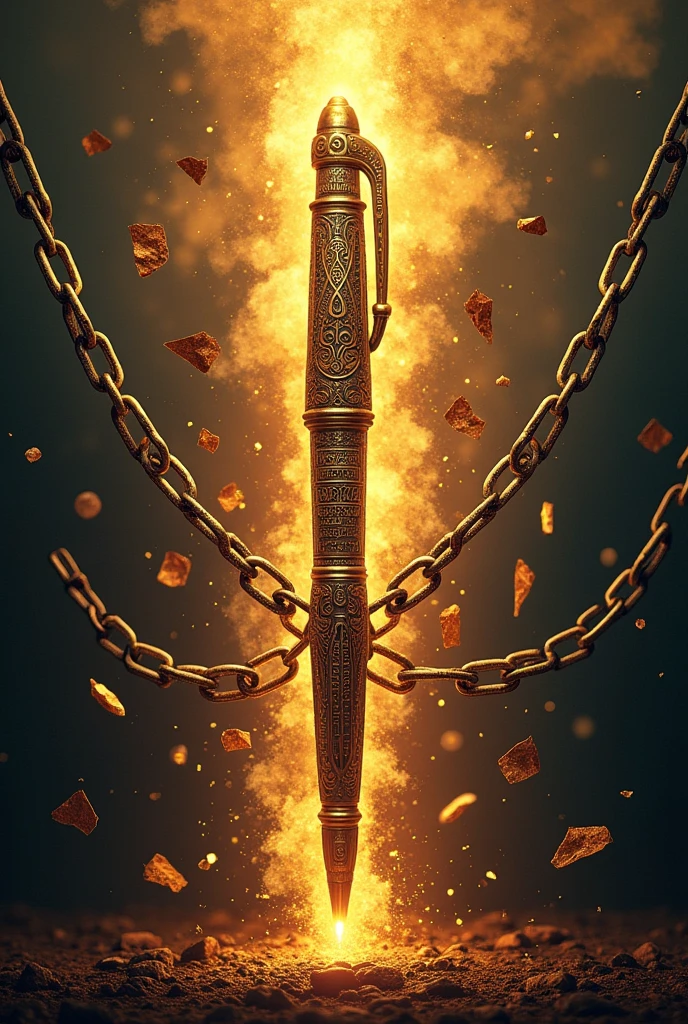 Draw a large, detailed image of a traditional Filipino pen (quill or pluma) in the center, radiating light or energy. The pen symbolizes the Filipino language as a tool of liberation.
Chains Breaking: Around the pen, depict chains breaking apart, symbolizing the language freeing the Filipino spirit from oppression. The broken chains should be artistically designed to resemble letters or phrases in Baybayin, adding cultural depth and relevance.