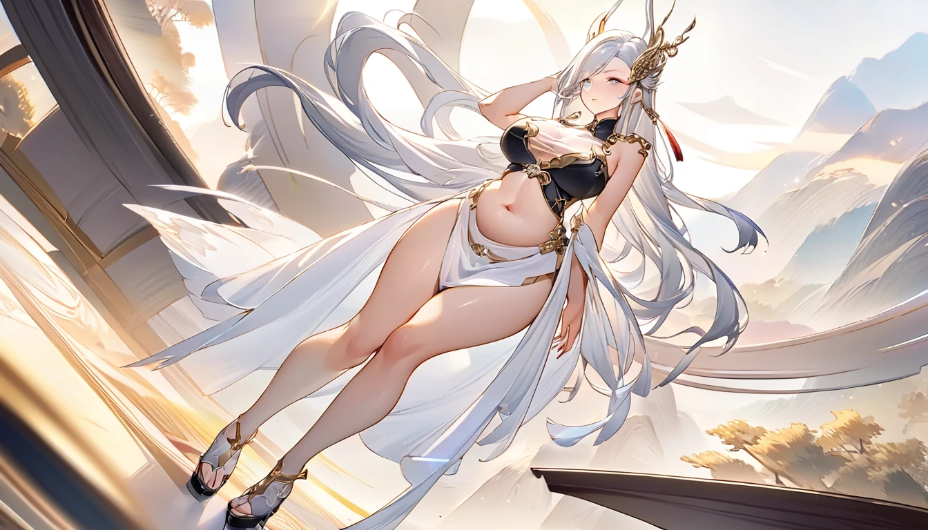 high quality,HD,16K,Sharp Line,1 Girl,fantasy, (Fire Spirits),Pretty Face, Large Breasts, Beautiful legs,In the mountains,Focus Girl,detailed Pretty Face,Detailed clothes,beautiful eyes,Cool,Sexy,Dynamic Angle,穿着华服的神明Strike a pose拍照, Ancient mysterious sexy goddess, Traditional beauty woman, Beautiful female warrior god of war , Beautiful sexy goddess, Gorgeous role-playing, high, Beautiful young girl, Beautiful woman, 华丽Beautiful woman, Complex clothing,Chinese Mystical Aesthetics, Beautiful Asian ancient mysterious girl, Extremely detailed shot of the goddess, Jaw-dropping sexy beauty, Big breasts deep neckline sexy belly button(butt), (bedroom), (Sexy Girls), masterpiece, best quality, Bangs, blush, Chest, clavicle, Eyebrows visible through hair, (Ombre gold hair), Jewelry, Long hair,Bright Eyes, ring, (solitary), illustration, fashionable, miss, Strike a pose, background, element, confident, Express, Accessories, majestic, striking, key point, Dynamic poses, ((plump)), (black))Woman in transparent dress,Viewer,(((Full breasts, Keeley University))),Slim waist,(Navel exposed,Bare waist), Long hair, extreme detailed details, 详细的fantasy艺术, Stunning character art, Beautiful and exquisite character art, Beautiful transparent dress, Very detailed, Large Breasts,Chest,Golden ratio figure,Beautiful figure,Ultra wide-angle shooting,Full body shot拍摄,Body close-up,Full body shot,Wearing a pleated tulle skirt,柔和动漫illustration, 柔和的深色background,Fujifilm XT3 Clear focus, f 5.6, High Detail, Clear focus,(Wearing openwork clothing),, (Natural light), (Tempting)translucent, Good velvet quality, Compared, Divine Light,, Silver hair, 天空background, Absolute Strength,Female Shinmei,穿着性感丝绸的Female Shinmei,,Large Breasts,Chest,Golden ratio figure,Beautiful figure,Ultra wide-angle shooting,Full body shot,Body close-up,Full body shot, Wearing a tulle dress, Model shooting style, Large Breasts,饱满Chest,Golden ratio figure,Beautiful figure,(Extremely detailed CG 8k wallpaper unit), The most beautiful artistic photos in the world, , 8K 超HD, ) on the beach,Sexy lazy posture,Sexy seductive expression,best quality,masterpiece,Ultra-high resolution,(Practical:1.4),original photo,Ultra-high resolution