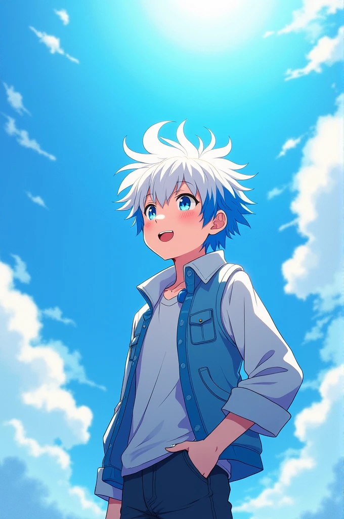 Draw me a boy with white, blue hair standing under the sky, he smiles very brightly, and the picture is in anime form.