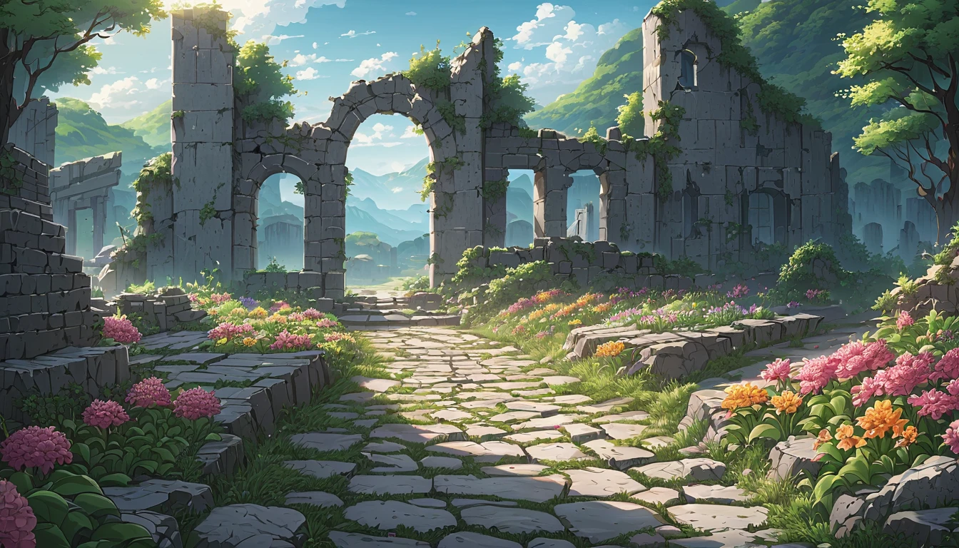 masterpiece, best quality, number, illustration, Anime style background, landscape, background, 低曝Light率, 4K resolution, Extreme details, Very detailed, Light, Trees, Comfort, ruins, stone road, flowers, bush