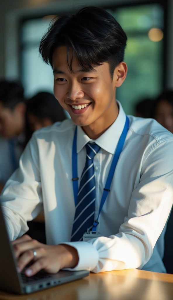 (Masterpiece), (complicated:1.3), (Realistic), Portrait of a man, Age 18, Has a Thai face, fine and handsome., I look like a black Korean star., Single eyes, Black eyes , cool , be happy, thin, (wearing a long-sleeved white shirt with a blue tie), looking for people, (Look through her computer),His necktie has a 45-degree diagonal pattern, blue, He is in the computer room at college., Dark tones, The soft sunlight, Professional photographer taking detailed photos of young men, Student style, (He has a blue student ID lanyard.) , Have clarity, dramatic, Awarded first prize, Cinematic lighting, (flim grain, blurred background,Blurred background, bokeh, depth of field), Taking a picture with 3 friends, laptop