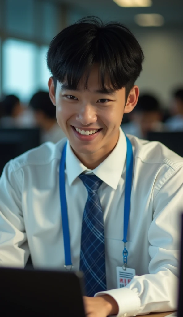 (Masterpiece), (complicated:1.3), (Realistic), Portrait of a man, Age 18, Has a Thai face, fine and handsome., I look like a black Korean star., Single eyes, Black eyes , cool , be happy, thin, (wearing a long-sleeved white shirt with a blue tie), looking for people, (Look through her computer),His necktie has a 45-degree diagonal pattern, blue, He is in the computer room at college., Dark tones, The soft sunlight, Professional photographer taking detailed photos of young men, Student style, (He has a blue student ID lanyard.) , Have clarity, dramatic, Awarded first prize, Cinematic lighting, (flim grain, blurred background,Blurred background, bokeh, depth of field), Taking a picture with 3 friends, laptop