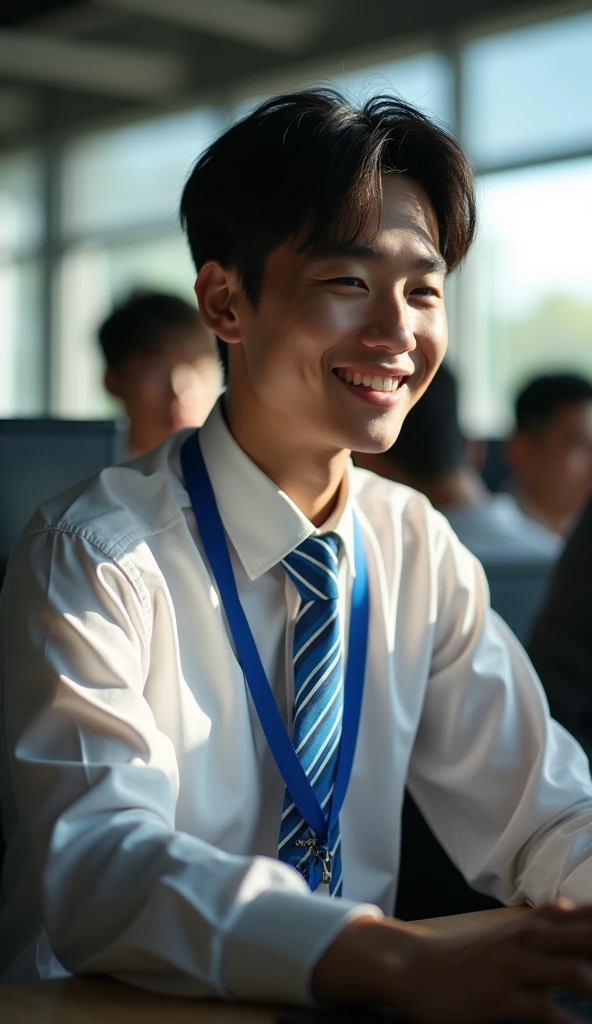 (Masterpiece), (complicated:1.3), (Realistic), Portrait of a man, Age 18, Has a Thai face, fine and handsome., I look like a black Korean star., Single eyes, Black eyes , cool , be happy, thin, (wearing a long-sleeved white shirt with a blue tie), looking for people, (Look through her computer),His necktie has a 45-degree diagonal pattern, blue, He is in the computer room at college., Dark tones, The soft sunlight, Professional photographer taking detailed photos of young men, Student style, (He has a blue student ID lanyard.) , Have clarity, dramatic, Awarded first prize, Cinematic lighting, (flim grain, blurred background,Blurred background, bokeh, depth of field), Taking a picture with 3 friends, laptop