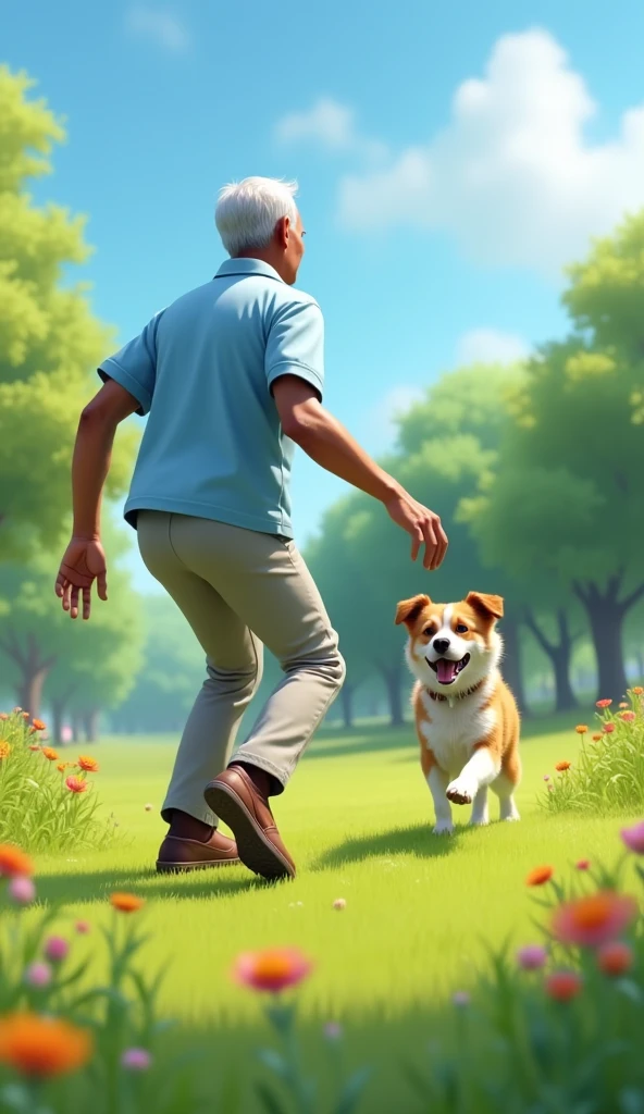 Mr. Tu is an old man over 60 years old., skinny, dark skin, short neat silver hair .He wore a light blue short-sleeved shirt., light gray khaki pants, brown rubber sandals. The Shoe Lost In A Hurry, Mr. Tu dropped a shoe and had to go back to look for it while the dog was still chasing him.. 3D image 