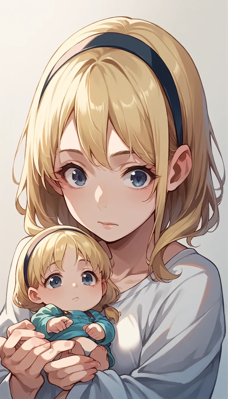 1 girl , 独奏, hair band, hair blonde, bangss, medium hair, shadowed face,child's body, short clothing, Room, blue colored eyes, looking to the down, hand on own pregnant belly ,full body feet