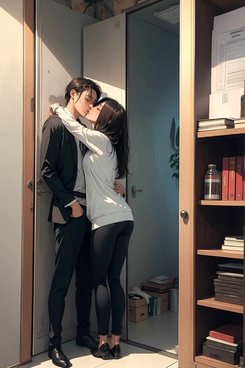 1 girl and 1 man, standing inside office, hugging each other, kissing, fullbody shot,