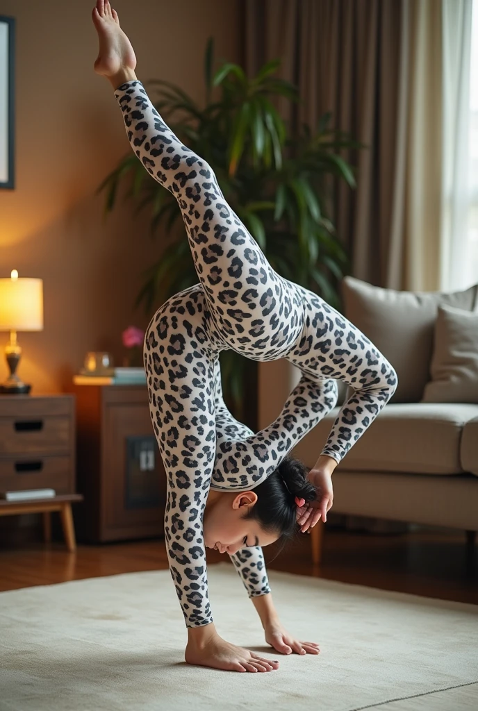 A most beautiful and thin 23 years old chinese contortion girl wearing a glasses wears white leopard Lycra turtleneck unitard catsuit covered with seamless black leopard paterns.She always wear Lycra dancewear hijab-like hood.She has beautiful cheeks on her face.She performs contortion in the house.