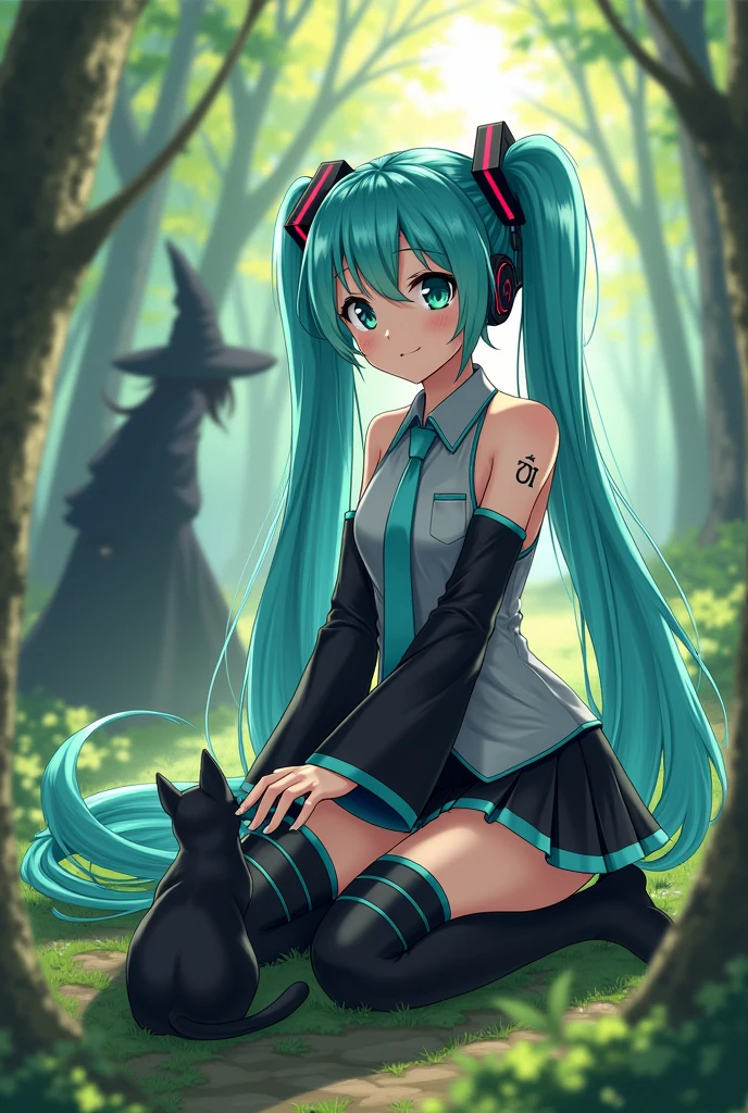 Anime art, anime style, detailed drawing, forest background, high definition, high quality, one girl, solo, Hatsune Miku, aqua hair, twin tails, headphones, small number tattoo "01" (red, located on her right hand), grey sleeveless collared shirt, black detached sleeves with aqua lines, five fingers with aqua nails, aqua necktie, black pleated mini skirt with aqua lines, zettai ryouiki, thigh-high black boots with aqua lines.
Miku Hatsune gently strokes the head of a black cat; there's a witch following her behind.