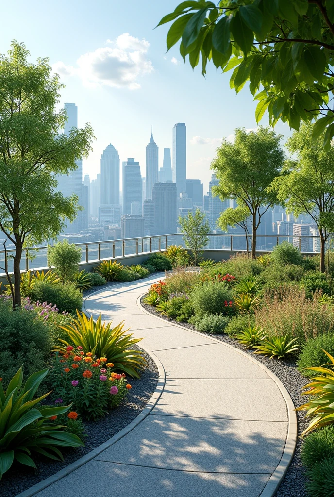  Rooftop garden, curved pathway, no trees, no pavilion, no seating, gravel edging.