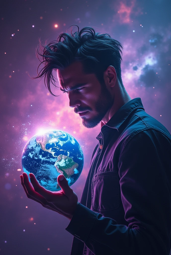 Create a handsome character with destructive eyes, holding the Earth in his hand with an angry expression.