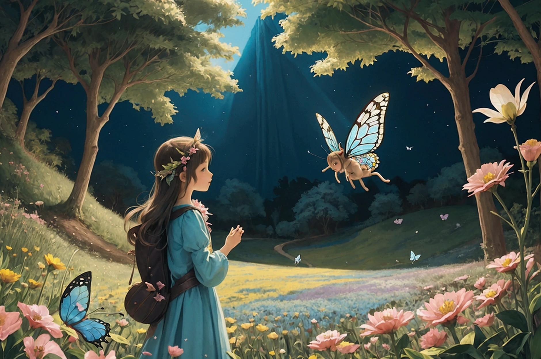 1. Illustration for a children's book: “A little fairy and a talking cat fly on the back of a giant butterfly over blooming fields.”