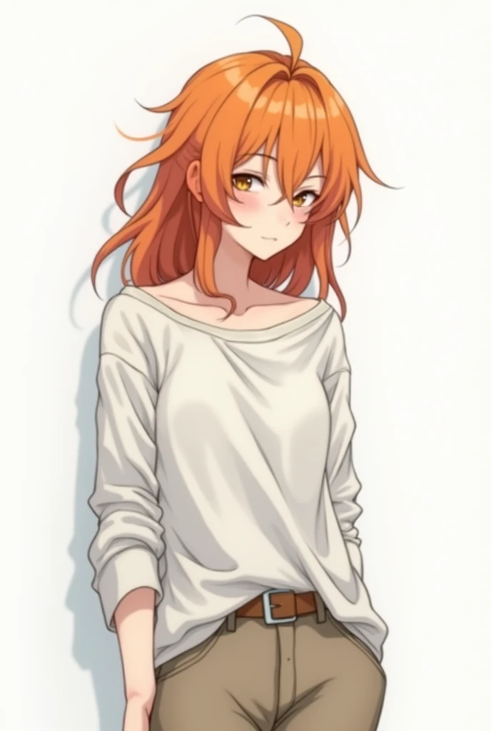 White-skinned woman with messy orange hair, bored, wearing loose clothing, against a white background, anime style.