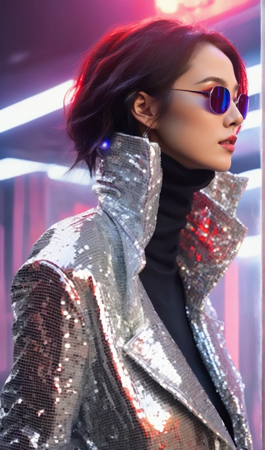 masterpiece, top, Very realistic, Very detailed, original photo, Very realistic , A shimmering silver sequin jacket，The woman is wearing futuristic sunglasses., Half of her body is facing the audience，look up，the background is a reflective surface decorated with red lights, Give her a cyberpunk aesthetic. Close-up photos，Fashion，Supermodel