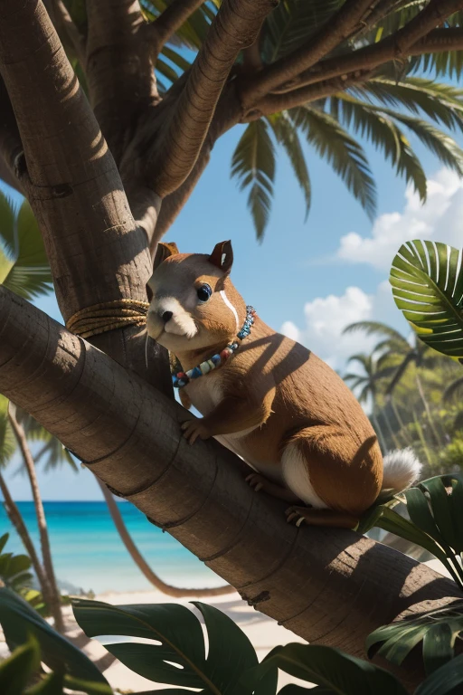 Treasure-hunting pirate capybara wearing a stylish eye patch Look up at the lush coconut trees. Its trunk was decorated with colorful tassels and shells, and the soft sunlight filtered through the leaves, casting dappled shadows on the sandy beach below. The rabbit's paw grabbed a miniature treasure map. As he contemplates the next step in his thrilling adventure,