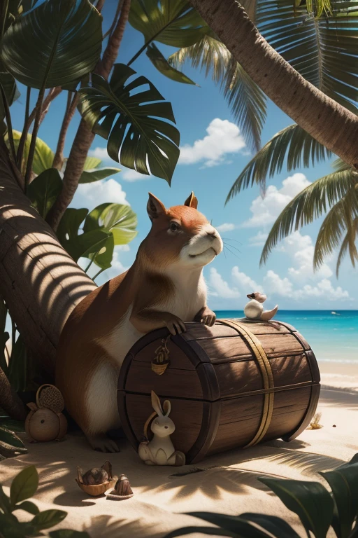 Treasure-hunting pirate capybara wearing a stylish eye patch Look up at the lush coconut trees. Its trunk was decorated with colorful tassels and shells, and the soft sunlight filtered through the leaves, casting dappled shadows on the sandy beach below. The rabbit's paw grabbed a miniature treasure map. As he contemplates the next step in his thrilling adventure,