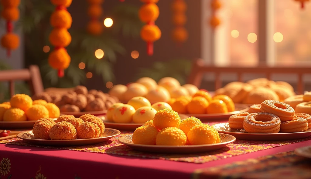 In 3d animation style "Assorted traditional sweets like laddus, barfis, and jalebis displayed on a festive table"
