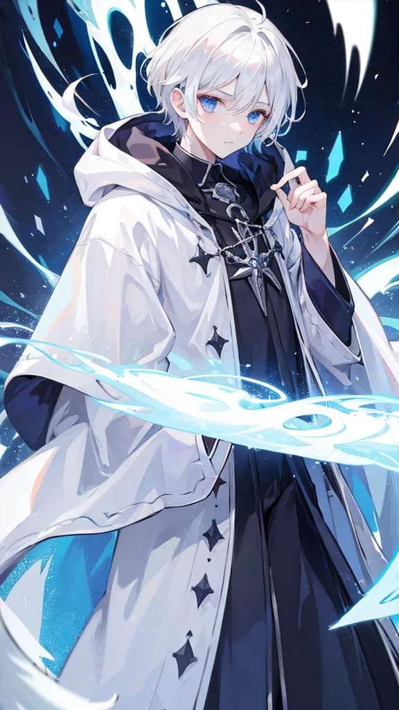 1 boy, necromancer, white hair, cloak