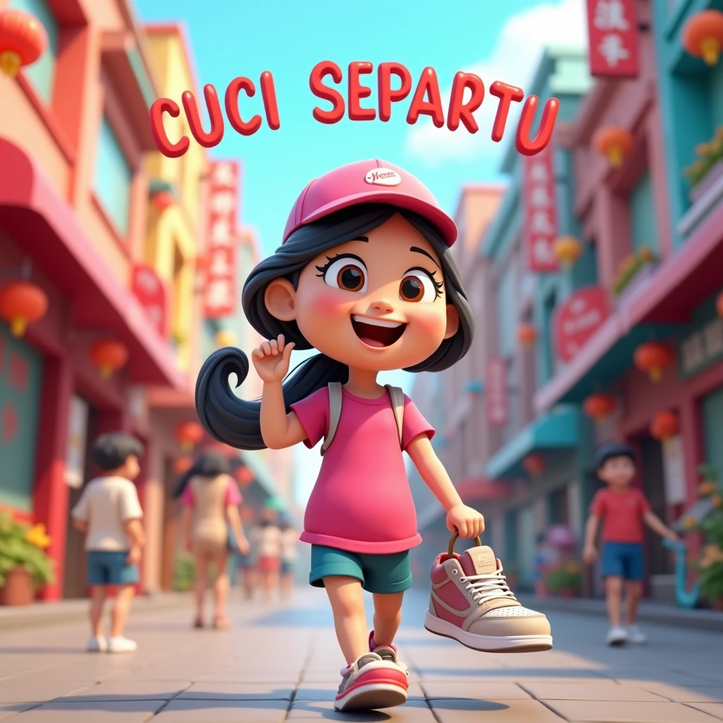 3D cartoon, HD, a Chinese woman as a laundry courier, wearing a pink shirt, carrying a SHOE, the title says "CUCI SEPATU" , no logo