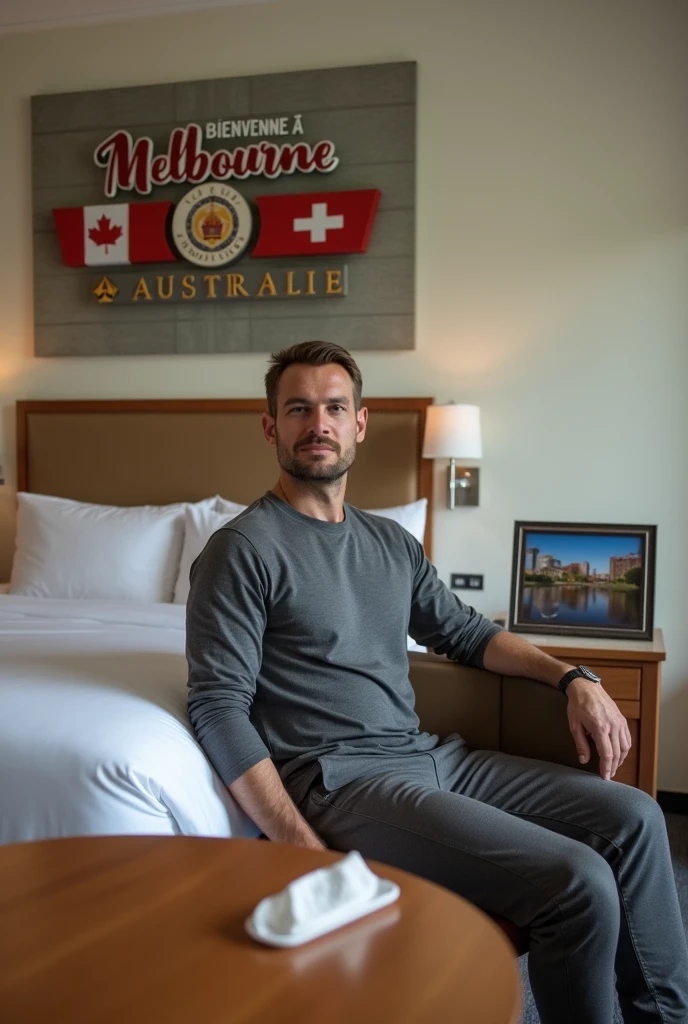 Homme caucasien grand de taille, charmant, un peu costaud, habillé en pantalon et tee-shirt manche longue, assis ou adossé sur une table dans une grande chambre d'hôtel, sur la table qu'il y ait également un papier mouchoir déjà utilisé sur la table et sur le lit de l'hôtel qu'il soit déposer un cadre photo grand ou moyen qu'il est possible de faire arrêter sur le lit et faire face à la caméra et sur le mur du chevet du lit un tableau sur lequel il est écrit en français : Bienvenue à Melbourne AUSTRALIE et autour de la phrase qu'il y ait les emblèmes du CANADA QUÉBEC ou le drapeau du CANADA QUÉBEC