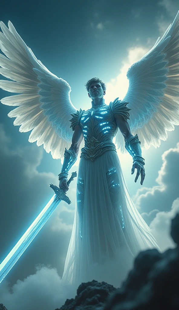 realistic, fantasy, full body shot, łów angle shot, archangel descending from heaven, in modern glowing armor, holding a long silver sword in one hand and gum in the other, aiming from gin to viewer, majestic and menacing, arousing fear among the enemy, dark but on light colors