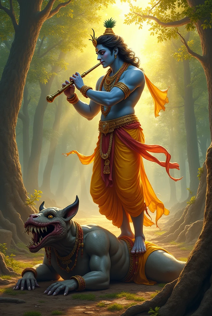 Lord krishna killed a women Rakshasi where the rakshasi is dead the rakshasi have horns with ugly face and fat body