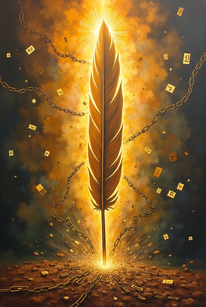 Draw a large, detailed image of a traditional Filipino pen (quill or pluma) in the center, radiating light or energy. The pen symbolizes the Filipino language as a tool of liberation.

Chains Breaking: Around the pen, depict chains breaking apart, symbolizing the language freeing the Filipino spirit from oppression. The broken chains should be artistically designed to resemble letters or phrases in Baybayin, adding cultural depth and relevance.

Make it in a way like I draw it and used oil pastels to color it