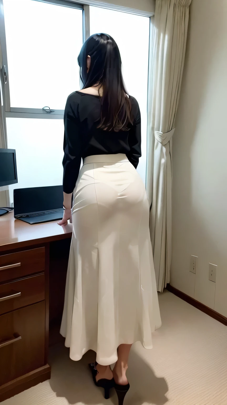 (Woman looking back in the office:1.3、look back美しさ:1.5、The background is inside the building:1.5)、(Realistic、Like a photograph、Live Action、8k, Realistic, RAW Photos, Best image quality: 1.4), Single-lens reflex camera、RAW Photos, Highest quality, Realistic, Very detailed CG Unity 8k wallpaper, Written boundary depth, Cinematic Light, Lens flare, Ray Tracing, Realistic background 、P Line:1.5、Loose fitting blouse:1.2、(Wearing a tight, long skirt:1.4)、((Place your hands on the desk、Looking into the monitor、Stick your ass up here)))、((ultra high density skin))、 1 female,Cute Japanese Woman、go to work、look back:1.3、((whole body:1.5),smile、(Long Hair)、I like that style、stylish、Very detailed、Pay attention to the details、Perfect outfit、(Sunburned skin)、Beautiful feet:1.1,Anatomically correct body、Accurate Fingers、Are standing、Rear view、Very detailedな顔