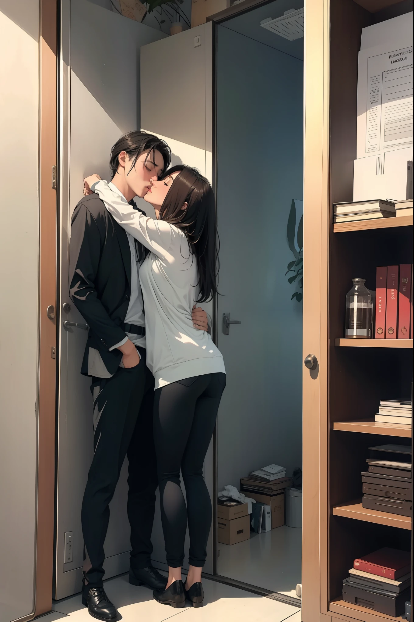 1 girl and 1 man, standing inside office, hugging each other, kissing, fullbody shot, 