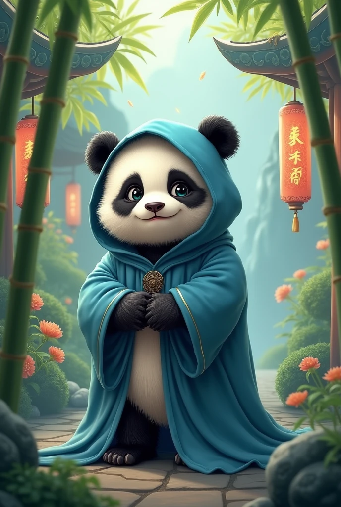 An old wise panda,wearing a blue wizard's robe that covers its head,A panda with one eye closed,Release magical energy,Cute realistic style,Chinese style in the background