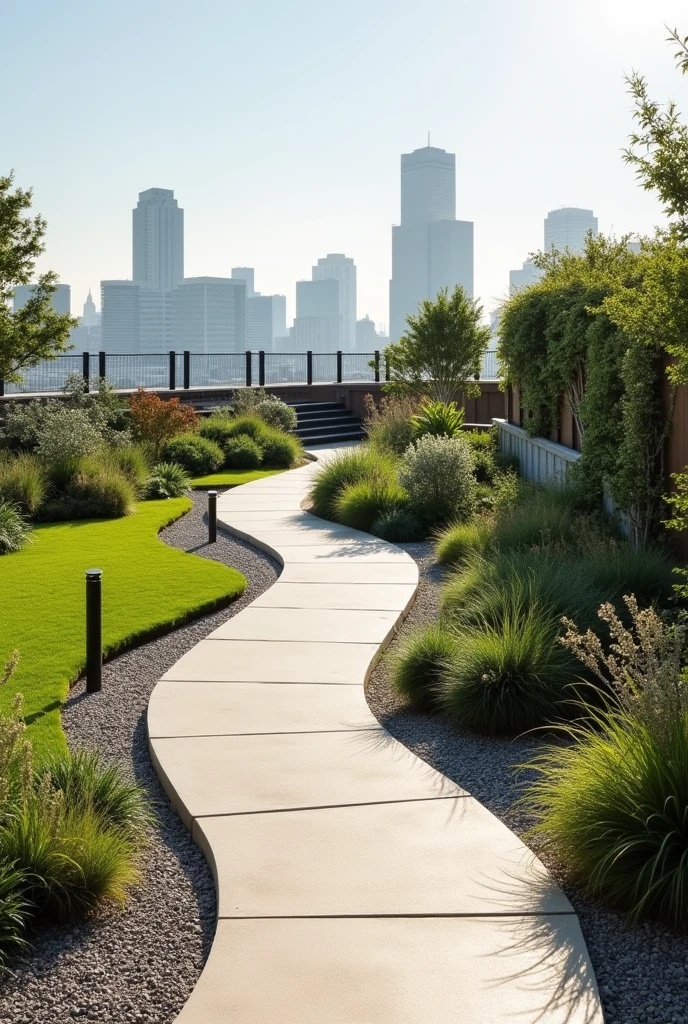  Rooftop garden, curved pathway, no trees, no pavilion, no seating, gravel edging.