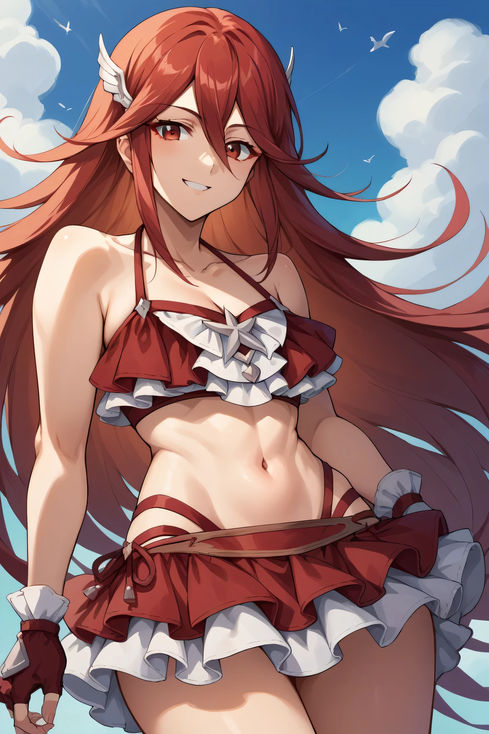 score_9, score_8_up, score_7_up, score_6_up, source_anime BREAK 1girl, solo, sumCordelia, red hair, red eyes, wing hair ornament, collarbone, red bikini, bare shoulders, frilled bikini, cleavage, bikini skirt, red gloves, fingerless gloves, cowboy shot, looking at you, smile, blue sky, clouds