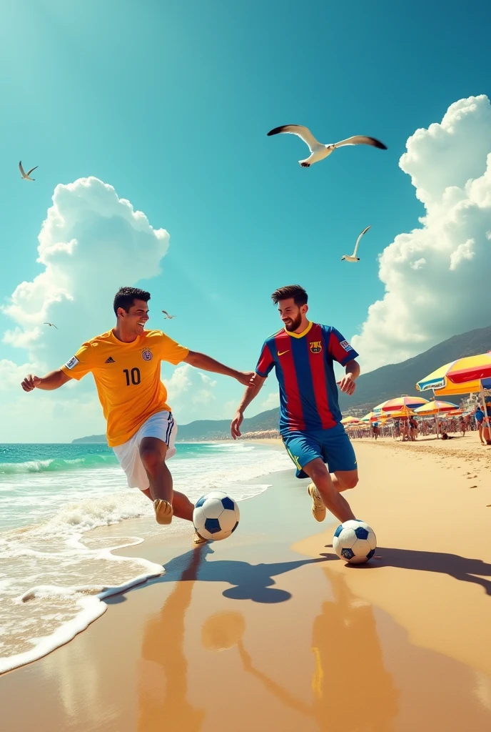 ronaldo and messi at the beach while playing football 