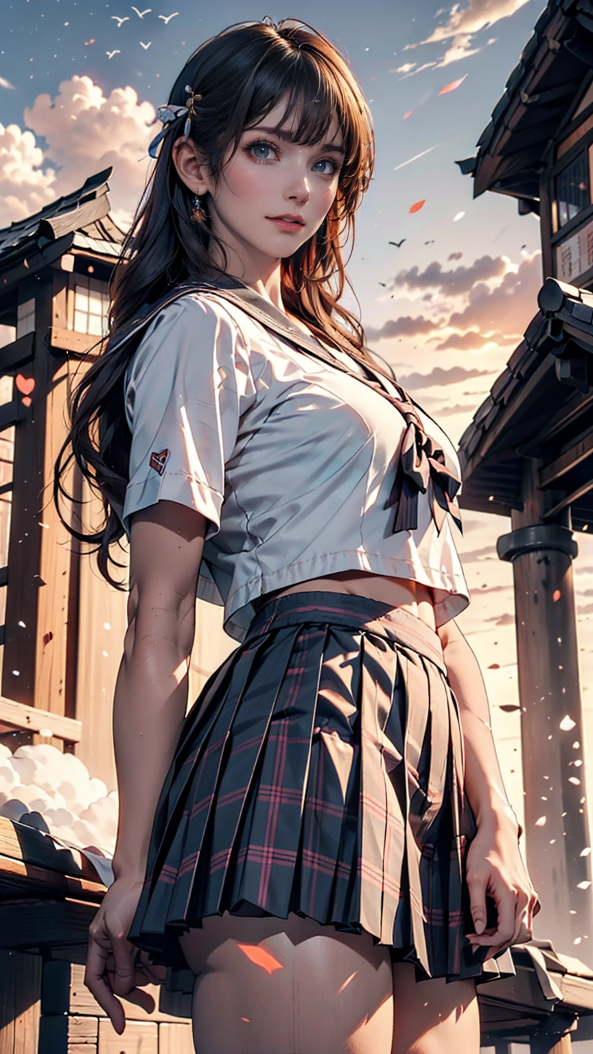 (8k, RAW Photos, Highest quality, masterpiece:1.2)、(Genuine、Realistic:1.37)、1 person、Japanese、Black Hair、Long Hair、(From below:1.4), (a 18years old pretty Japanese girl standing on rooftop of the building、school uniform)、((View your audience))、(White Sailor Suit High 、Ribbon on chest、mini skirt、Pink and gray checked pleated skirt、White panties)、(White panties can be seen from the pleated skirt)、((Sunset sky、cloud))