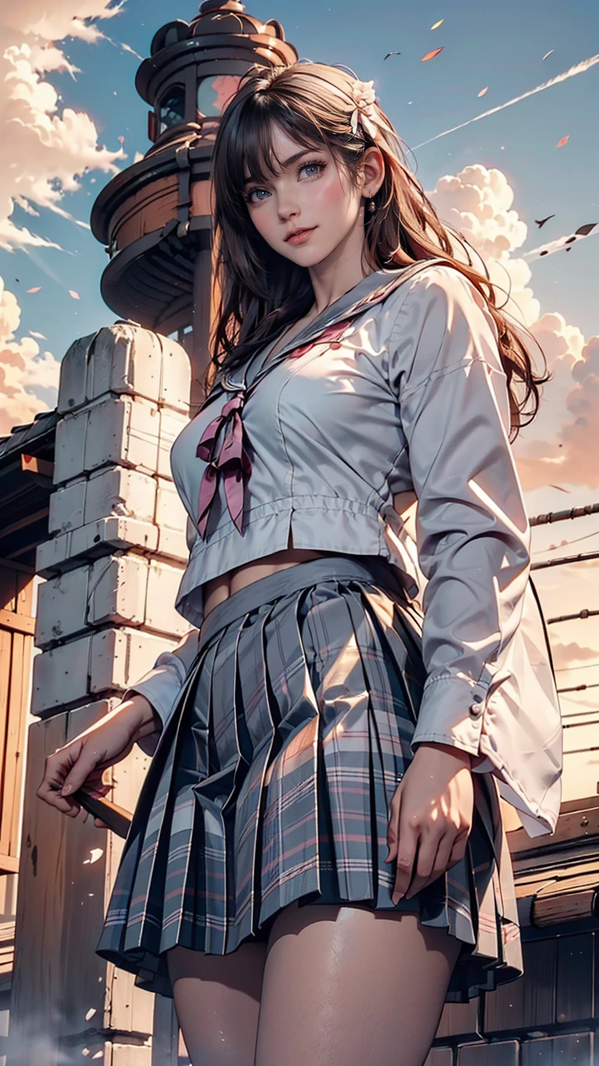 (8k, RAW Photos, Highest quality, masterpiece:1.2)、(Genuine、Realistic:1.37)、1 person、Japanese、Black Hair、Long Hair、(From below:1.4), (a 18years old pretty Japanese girl standing on rooftop of the building、school uniform)、((View your audience))、(White Sailor Suit High 、Ribbon on chest、mini skirt、Pink and gray checked pleated skirt、White panties)、(White panties can be seen from the pleated skirt)、((Sunset sky、cloud))