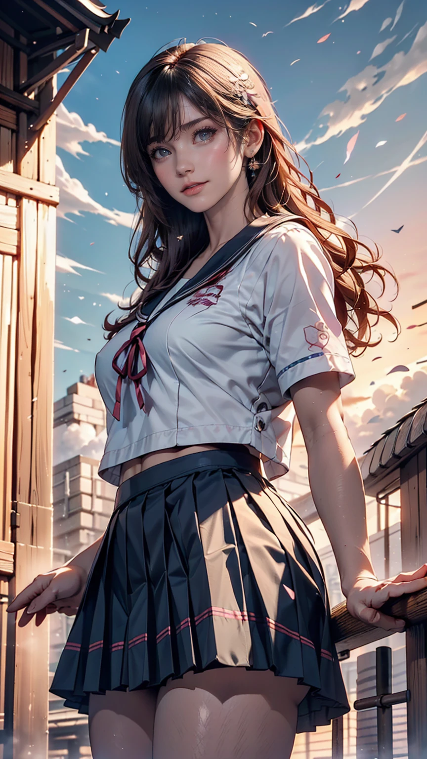 (8k, RAW Photos, Highest quality, masterpiece:1.2)、(Genuine、Realistic:1.37)、1 person、Japanese、Black Hair、Long Hair、(From below:1.4), (a 18years old pretty Japanese girl standing on rooftop of the building、school uniform)、((View your audience))、(White Sailor Suit High 、Ribbon on chest、mini skirt、Pink and gray checked pleated skirt、White panties)、(White panties can be seen from the pleated skirt)、((Sunset sky、cloud))
