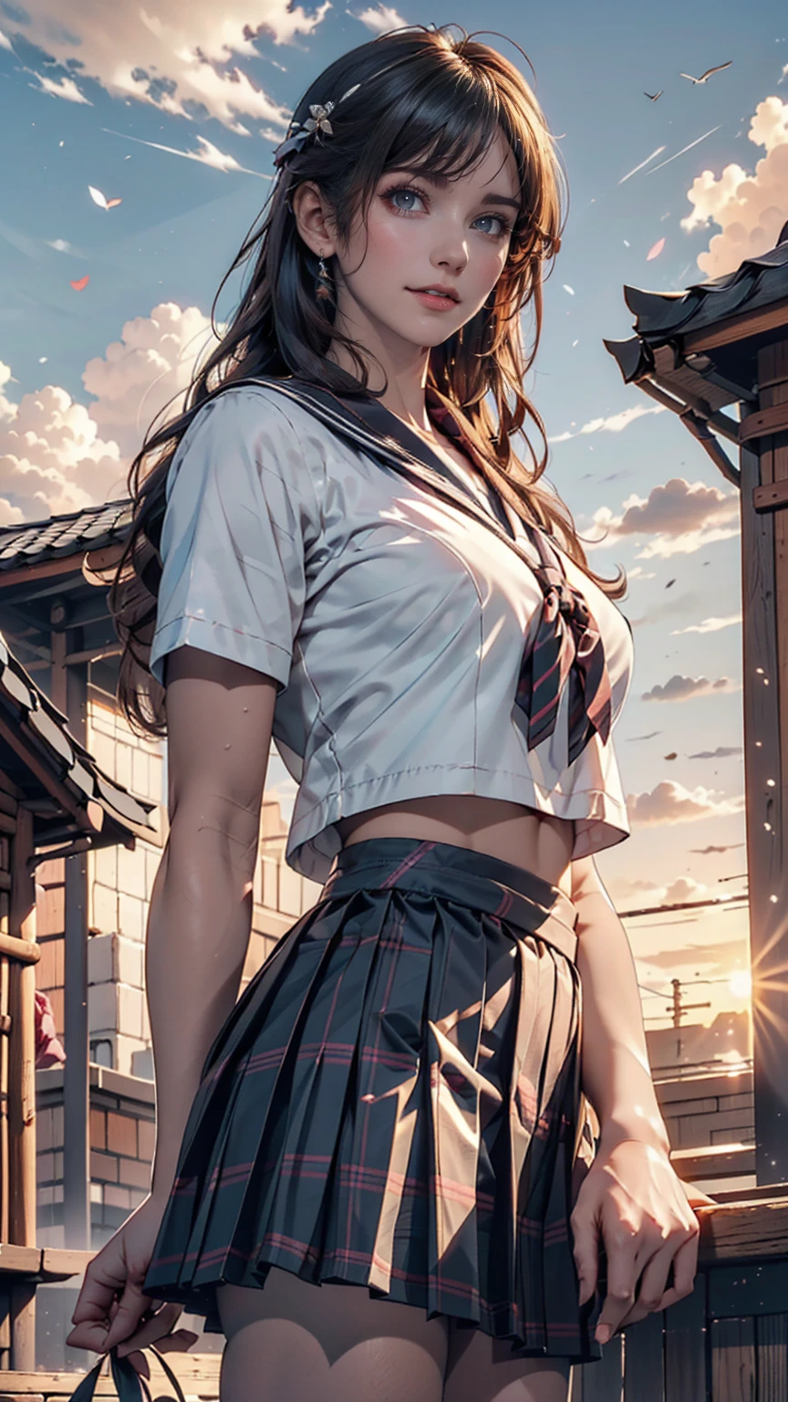 (8k, RAW Photos, Highest quality, masterpiece:1.2)、(Genuine、Realistic:1.37)、1 person、Japanese、Black Hair、Long Hair、(From below:1.4), (a 18years old pretty Japanese girl standing on rooftop of the building、school uniform)、((View your audience))、(White Sailor Suit High 、Ribbon on chest、mini skirt、Pink and gray checked pleated skirt、White panties)、(White panties can be seen from the pleated skirt)、((Sunset sky、cloud))