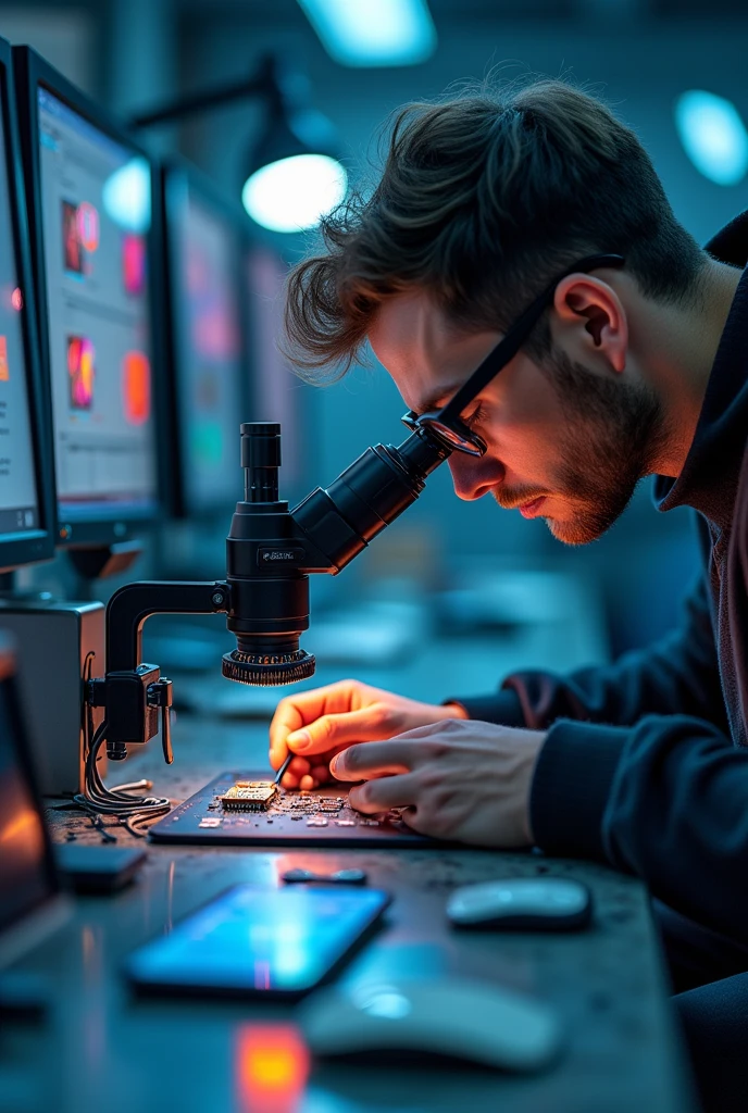 Mobile phone repair center equipped with the latest equipment. Dracula, a man with red eyes, sits on a chair looking into a microscope and repairing an iPhone. The photo is taken from above with the mobile phone holding a picture of an anime girl in a red swimsuit. The microscope is being replaced with a modern model. Dracula's hair is being lengthened with his fangs showing in his hand. A screwdriver is holding the microscope with two lenses and a digital screen on the wall. The photo is a little further away with the telescope showing. He is wearing a cap. Changing his hairstyle. Long hair is tied up. Some maintenance parts are being spread out on the table.