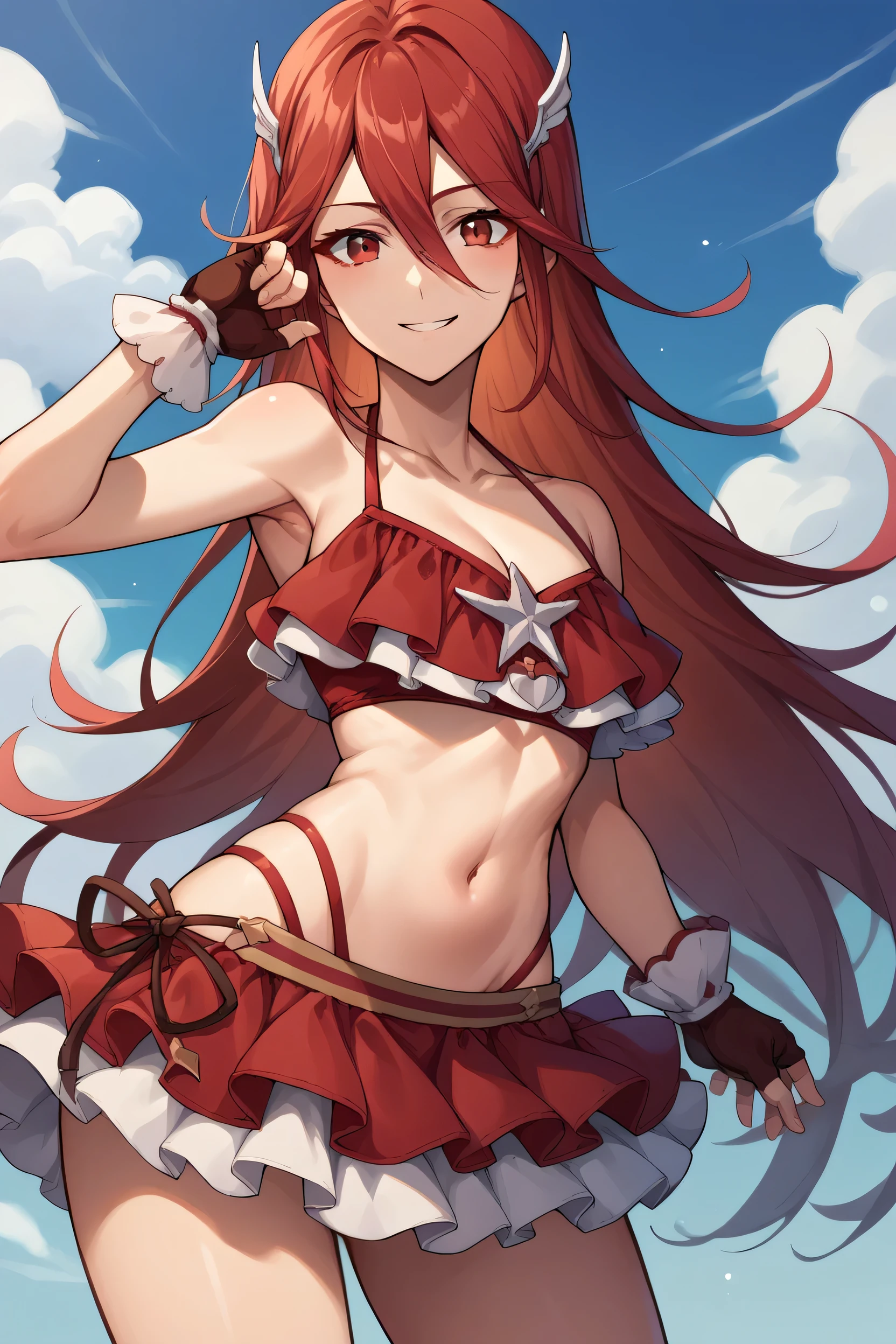 score_9, score_8_up, score_7_up, score_6_up, source_anime BREAK 1girl, solo, sumCordelia, red hair, red eyes, wing hair ornament, collarbone, red bikini, bare shoulders, frilled bikini, cleavage, bikini skirt, red gloves, fingerless gloves, cowboy shot, looking at you, smile, blue sky, clouds