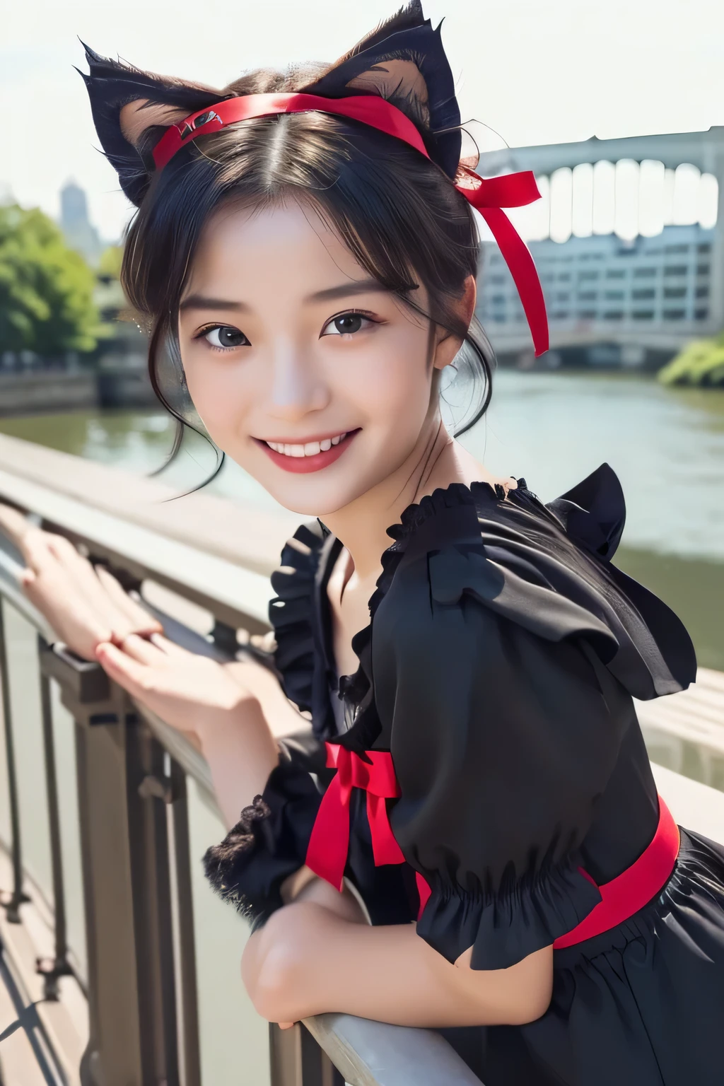 High quality, Ultra detailed, best quality, insanely detailed, beautiful, masterpiece, Describe Kiki's outfit from 'Kiki's Delivery Service.' She wears a black dress with short sleeves and a hem that falls above her knees. (big red ribbon is her hair:1.5), (her hair is styled in a short black bob), (There is a skinny black cat on the railing of the bridge:1.5), Leaning on the parapet of a London bridge, (close up face:1.3), smile