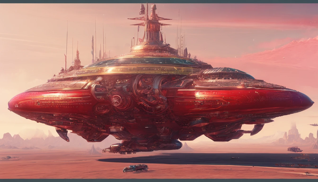 A starship of Royalpunk style,very intricate details, aesthetic.The ship is adorned + gold royalistic ambiance, crimson red gears, levers, exact patterns, contrasting + its metallic crimson body.Background has stars, ships, & gigantic Earth-type planet.750k UHD 4D. Styles of Steven Spielberg, Harlan Ellison.Hyperrealistic, mid shot, color depth.